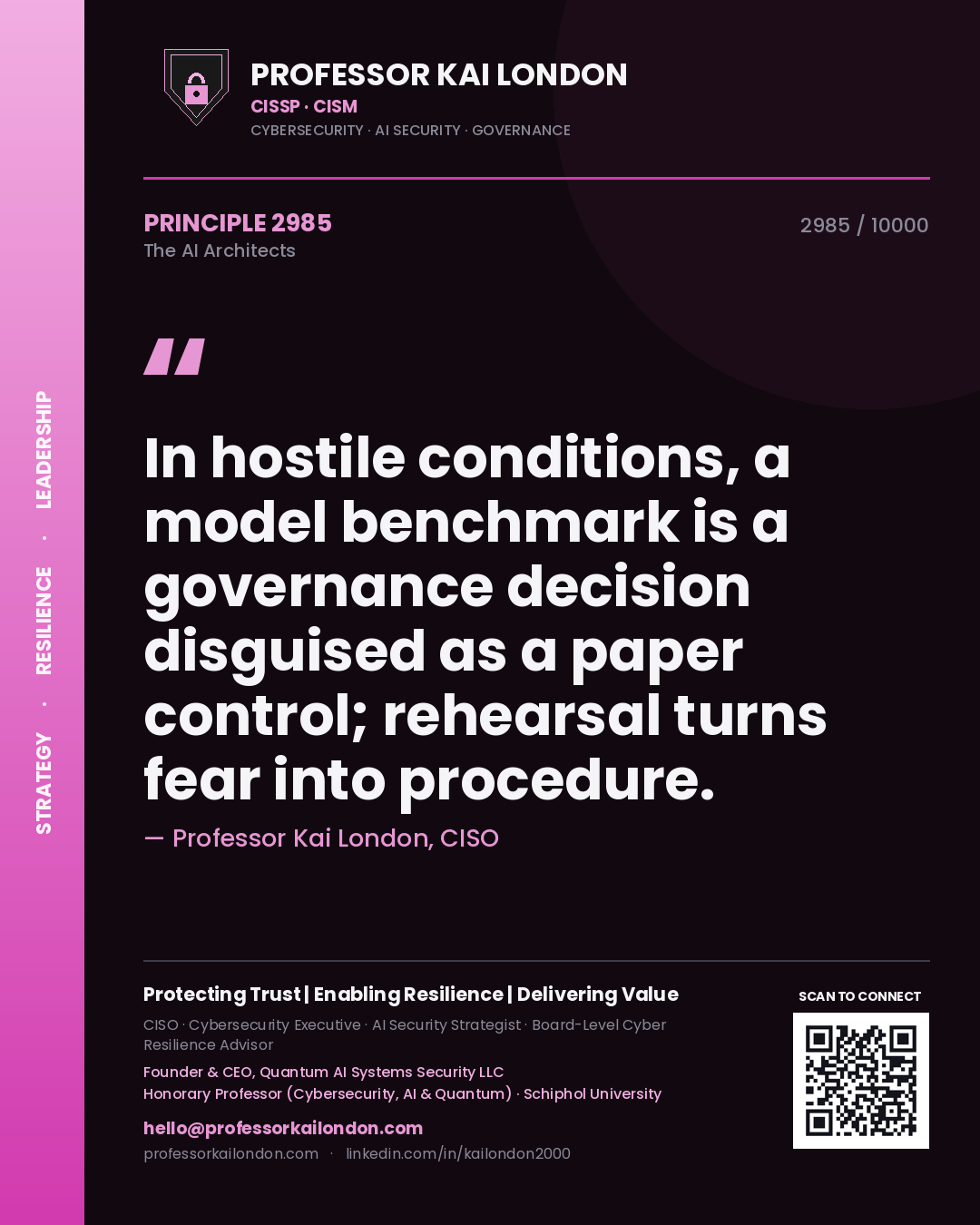 Quote card by Professor Kai London reading 'In hostile conditions, a model benchmark is a governance decision disguised as a paper control; rehearsal turns fear into procedure.'. From the book The AI Architects.
