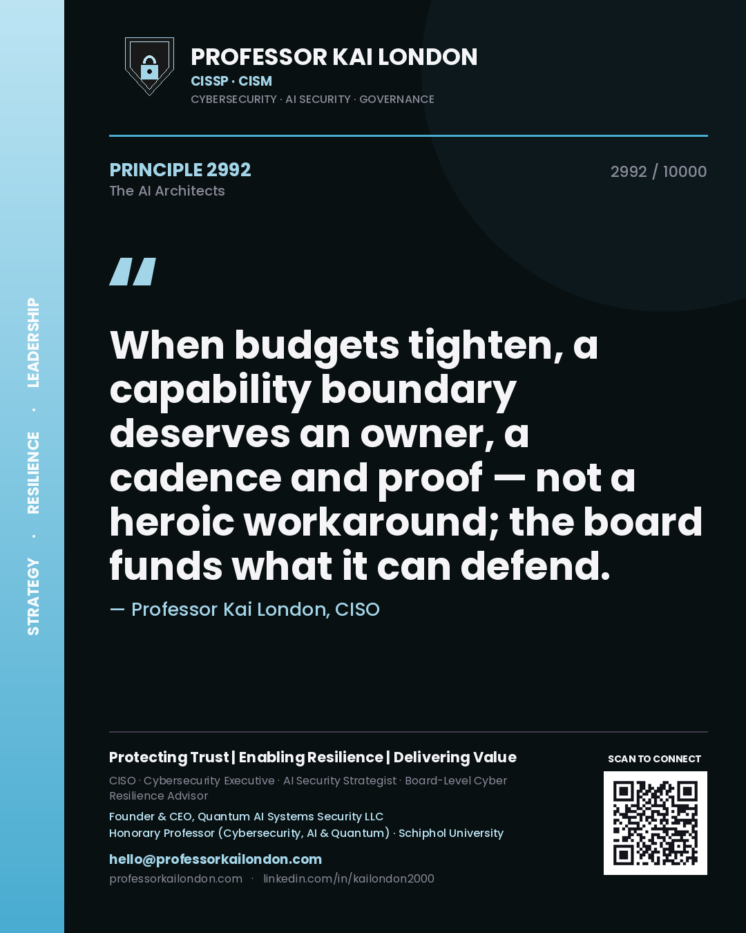 Quote card by Professor Kai London reading 'When budgets tighten, a capability boundary deserves an owner, a cadence and proof — not a heroic workaround; the board funds what it can defend.'. From the book The AI Architects.