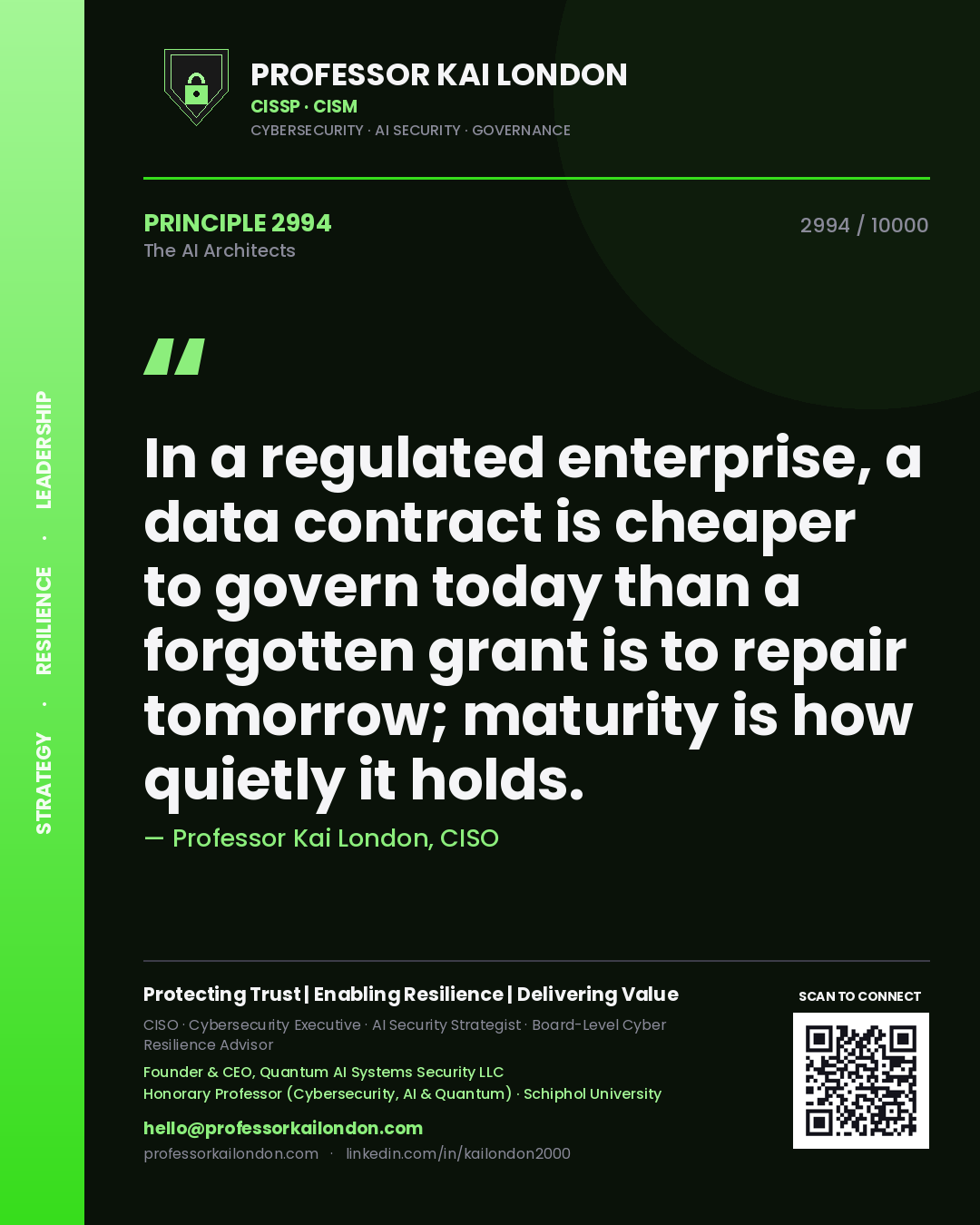 Quote card by Professor Kai London reading 'In a regulated enterprise, a data contract is cheaper to govern today than a forgotten grant is to repair tomorrow; maturity is how quietly it holds.'. From the book The AI Architects.