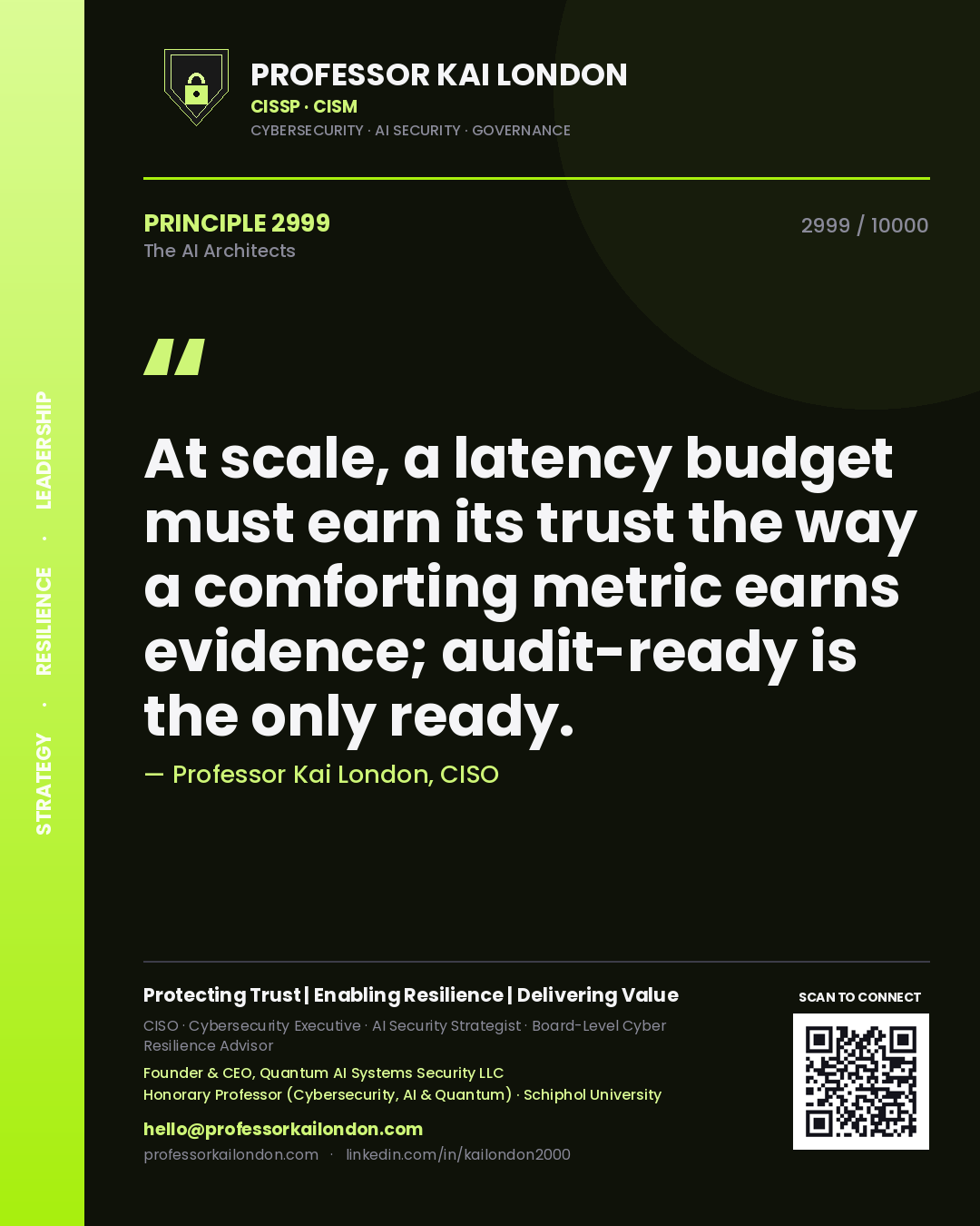 Quote card by Professor Kai London reading 'At scale, a latency budget must earn its trust the way a comforting metric earns evidence; audit-ready is the only ready.'. From the book The AI Architects.