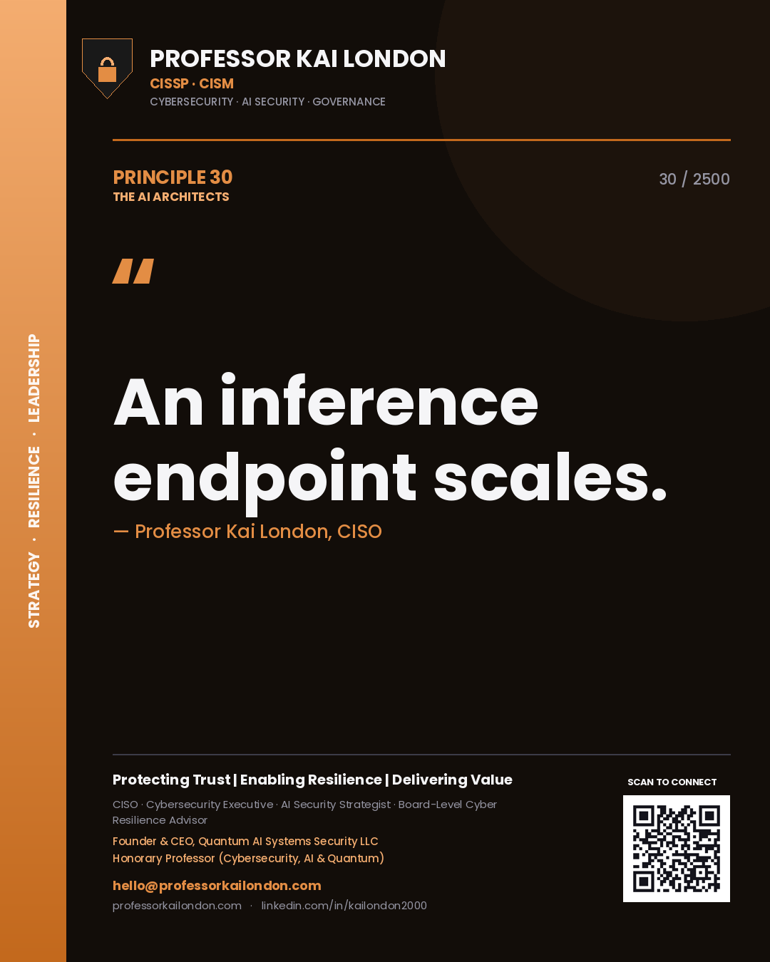 Quote card by Professor Kai London reading 'An inference endpoint scales.'. From the book The AI Architects.