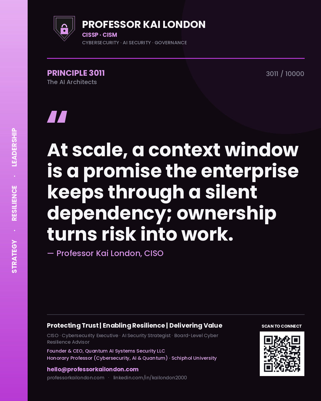 Professor Kai London principle 3011: At scale, a context window is a promise the enterprise keeps through a silent dependency; ownership turns risk into work.