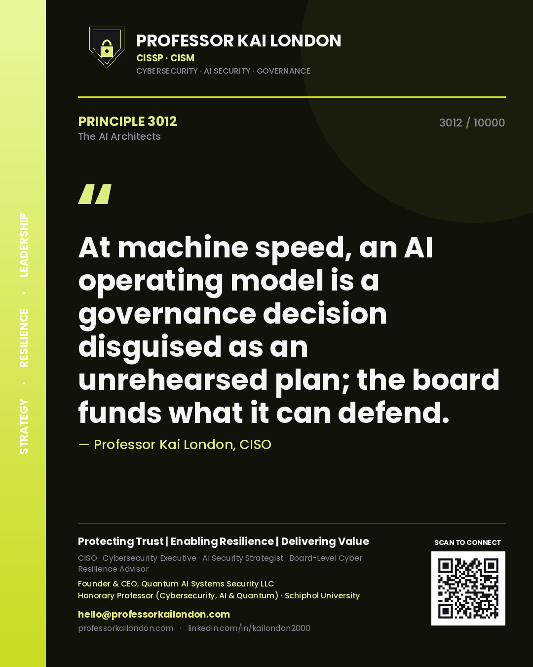 Quote card by Professor Kai London reading 'At machine speed, an AI operating model is a governance decision disguised as an unrehearsed plan; the board funds what it can defend.'. From the book The AI Architects.
