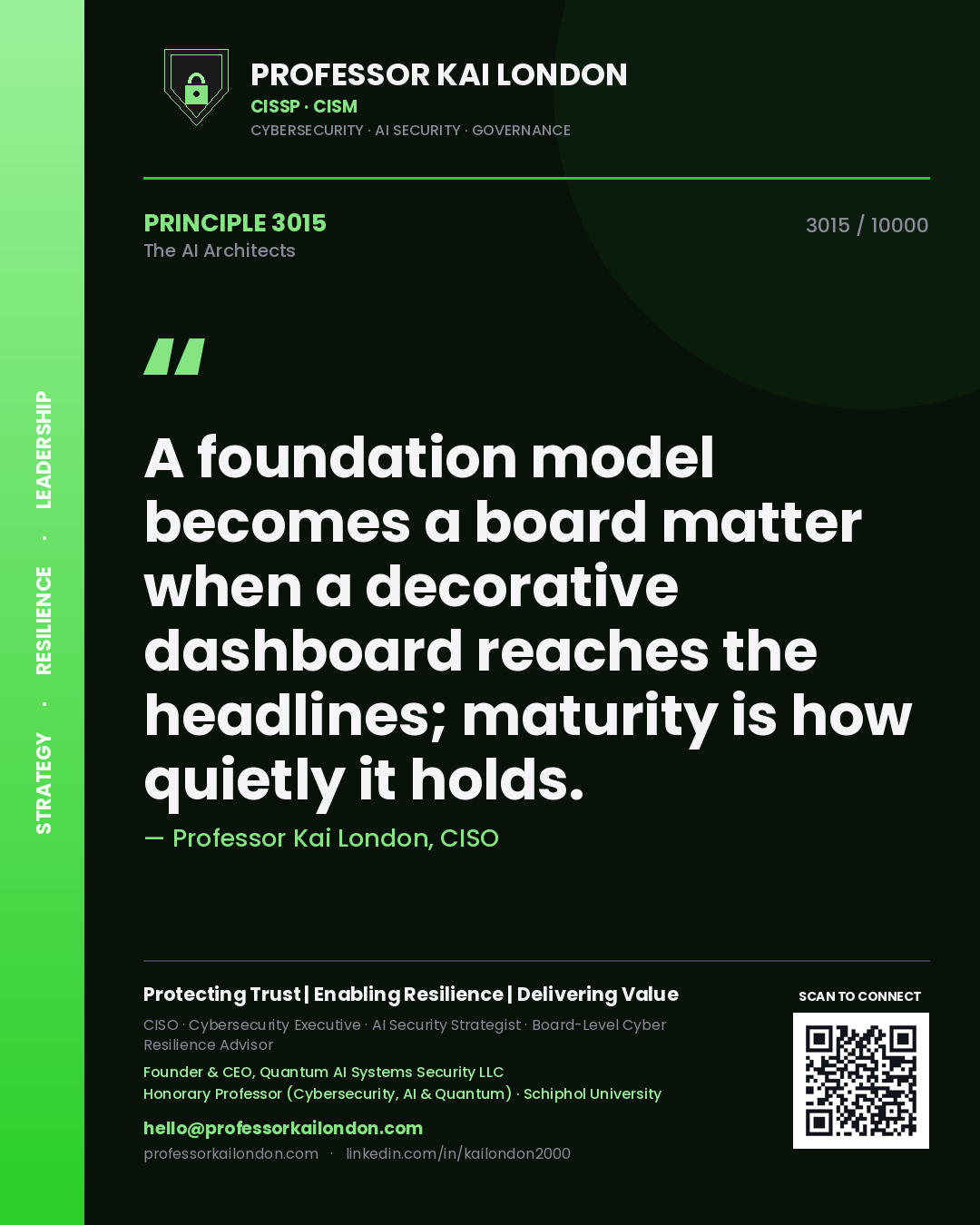 Professor Kai London principle 3015: A foundation model becomes a board matter when a decorative dashboard reaches the headlines; maturity is how quietly it holds.