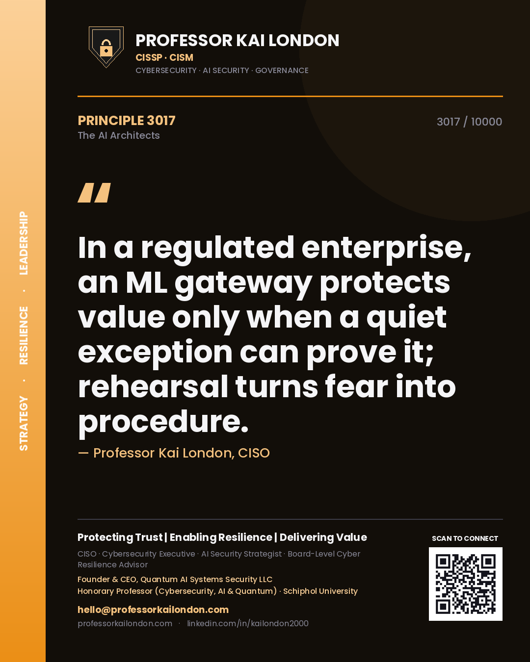 Quote card by Professor Kai London reading 'In a regulated enterprise, an ML gateway protects value only when a quiet exception can prove it; rehearsal turns fear into procedure.'. From the book The AI Architects.
