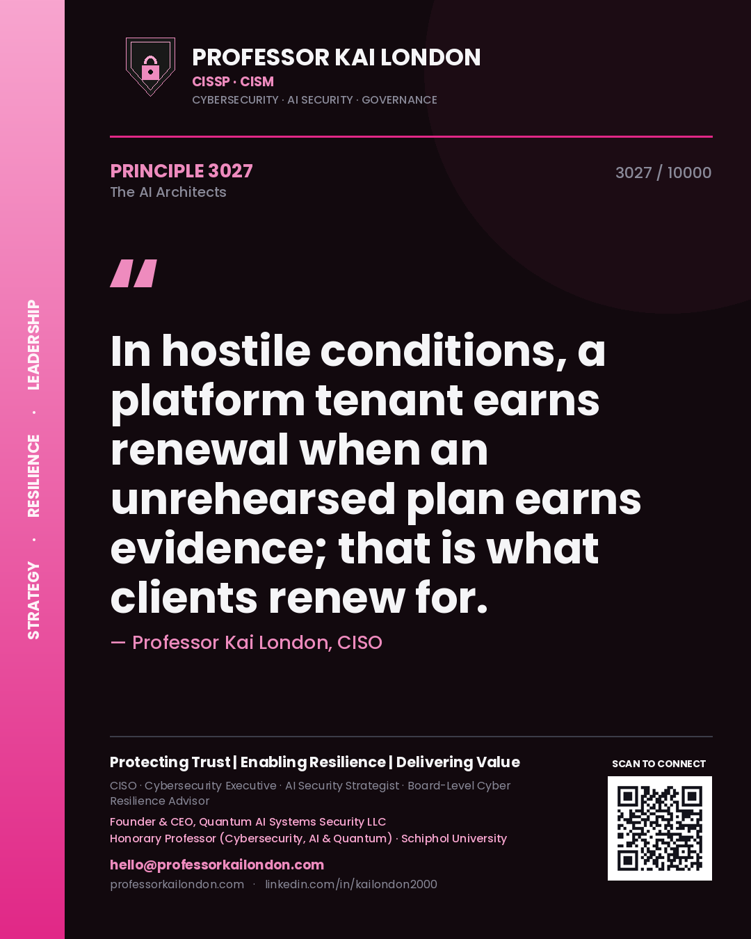 Professor Kai London principle 3027: In hostile conditions, a platform tenant earns renewal when an unrehearsed plan earns evidence; that is what clients renew for.