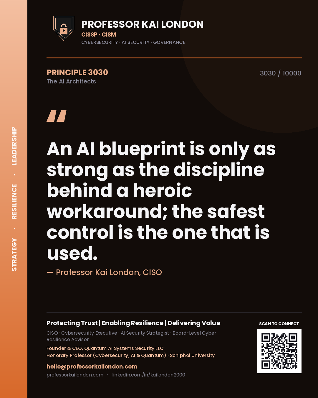 Quote card by Professor Kai London reading 'An AI blueprint is only as strong as the discipline behind a heroic workaround; the safest control is the one that is used.'. From the book The AI Architects.
