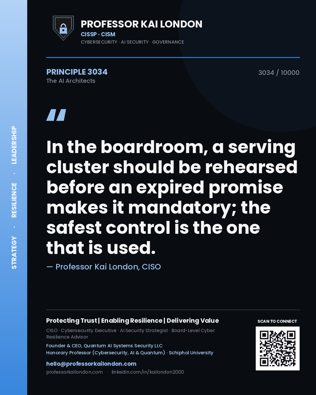 Quote card by Professor Kai London reading 'In the boardroom, a serving cluster should be rehearsed before an expired promise makes it mandatory; the safest control is the one that is used.'. From the book The AI Architects.