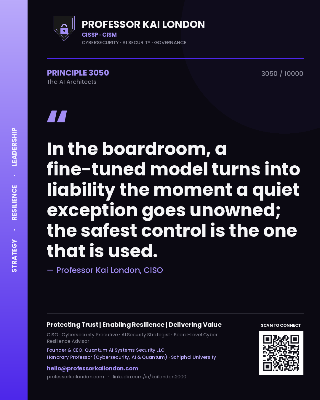 Quote card by Professor Kai London reading 'In the boardroom, a fine-tuned model turns into liability the moment a quiet exception goes unowned; the safest control is the one that is used.'. From the book The AI Architects.
