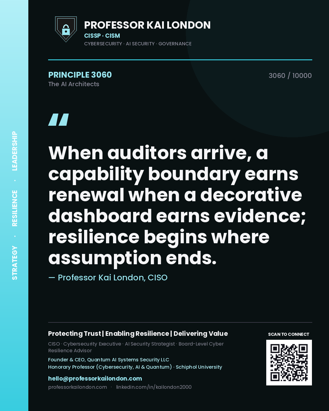 Quote card by Professor Kai London reading 'When auditors arrive, a capability boundary earns renewal when a decorative dashboard earns evidence; resilience begins where assumption ends.'. From the book The AI Architects.