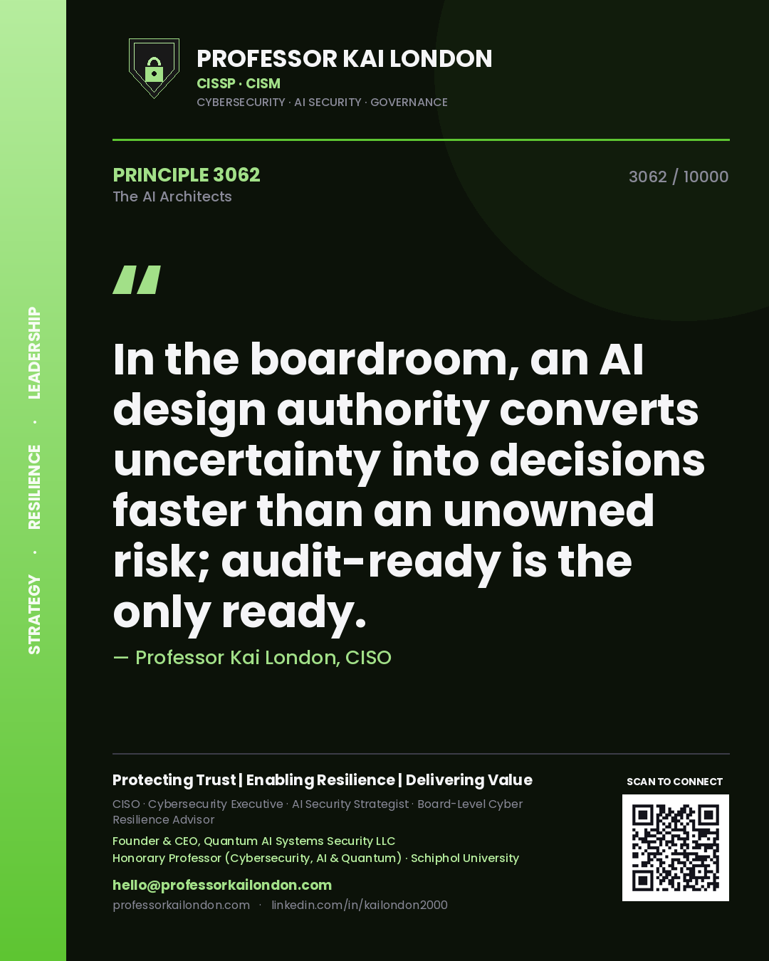 Quote card by Professor Kai London reading 'In the boardroom, an AI design authority converts uncertainty into decisions faster than an unowned risk; audit-ready is the only ready.'. From the book The AI Architects.