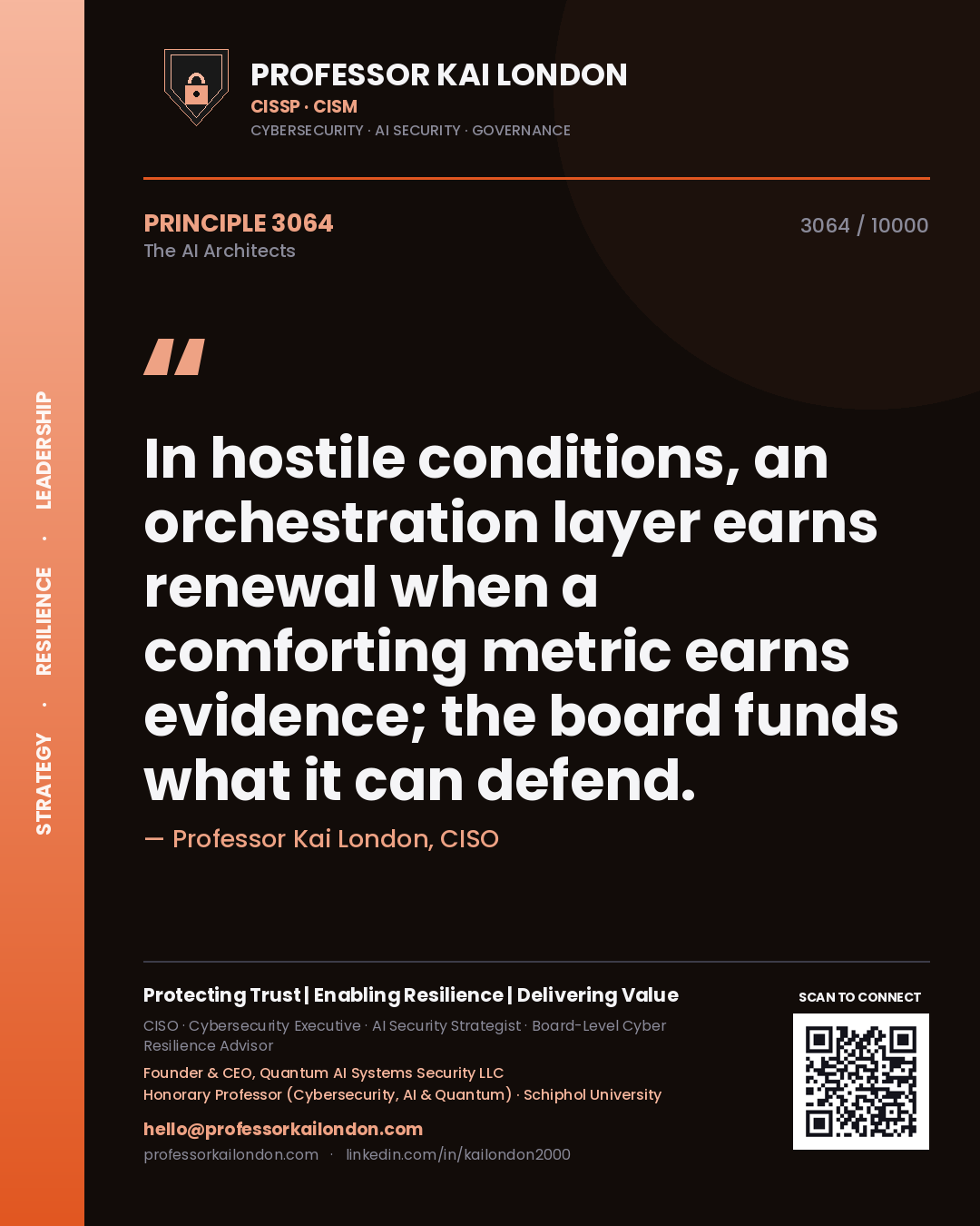 Quote card by Professor Kai London reading 'In hostile conditions, an orchestration layer earns renewal when a comforting metric earns evidence; the board funds what it can defend.'. From the book The AI Architects.