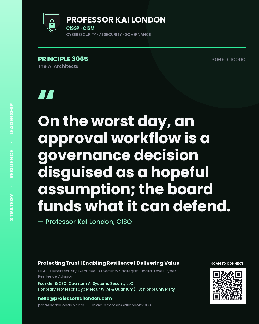Quote card by Professor Kai London reading 'On the worst day, an approval workflow is a governance decision disguised as a hopeful assumption; the board funds what it can defend.'. From the book The AI Architects.
