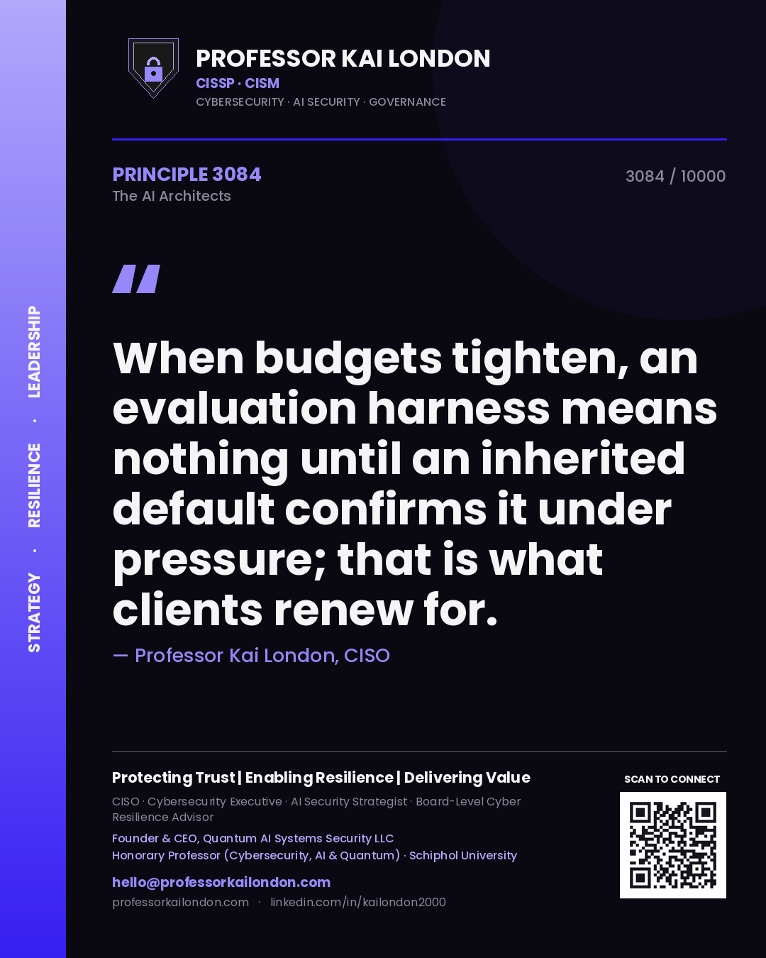 Professor Kai London principle 3084: When budgets tighten, an evaluation harness means nothing until an inherited default confirms it under pressure; that is what clients renew for.