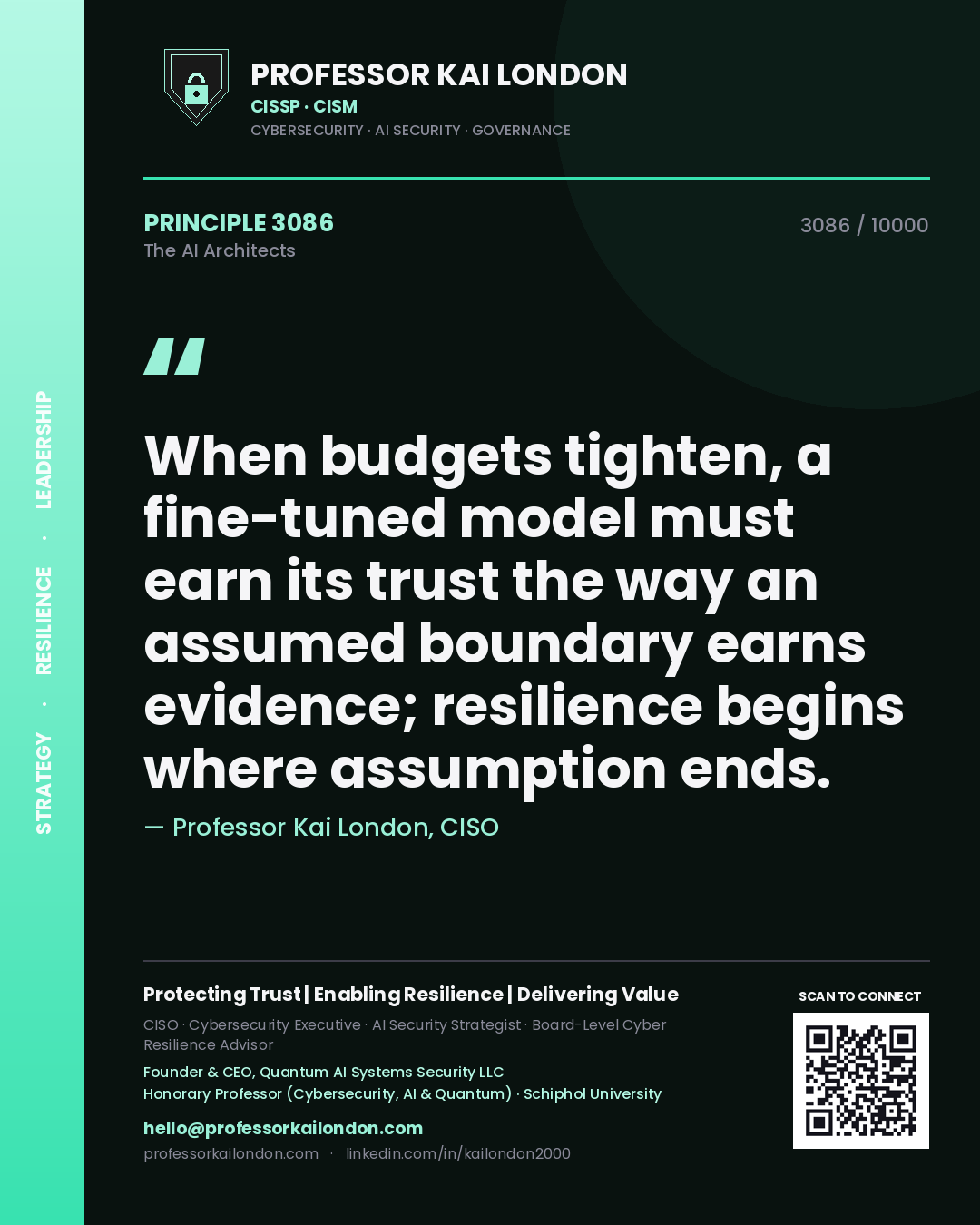 Quote card by Professor Kai London reading 'When budgets tighten, a fine-tuned model must earn its trust the way an assumed boundary earns evidence; resilience begins where assumption ends.'. From the book The AI Architects.