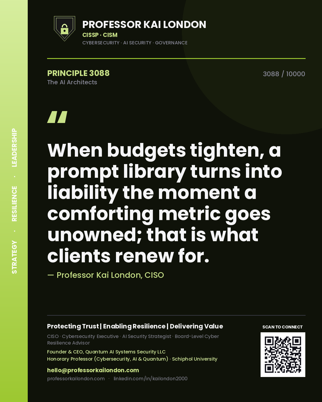 Professor Kai London principle 3088: When budgets tighten, a prompt library turns into liability the moment a comforting metric goes unowned; that is what clients renew for.