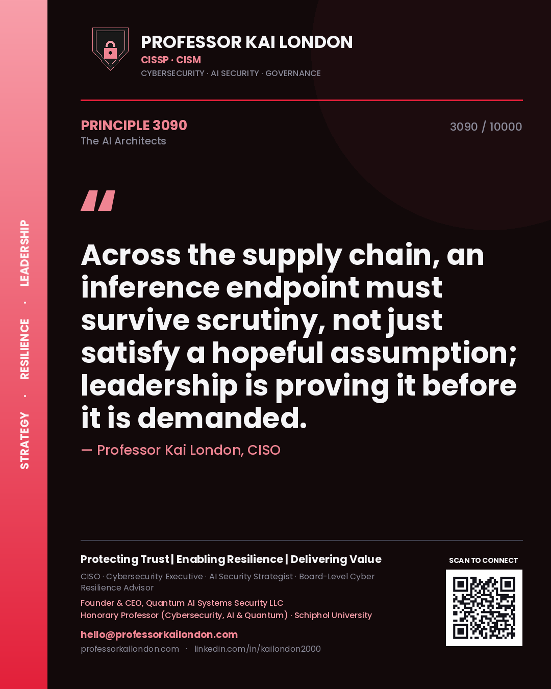 Quote card by Professor Kai London reading 'Across the supply chain, an inference endpoint must survive scrutiny, not just satisfy a hopeful assumption; leadership is proving it before it is demanded.'. From the book The AI Architects.