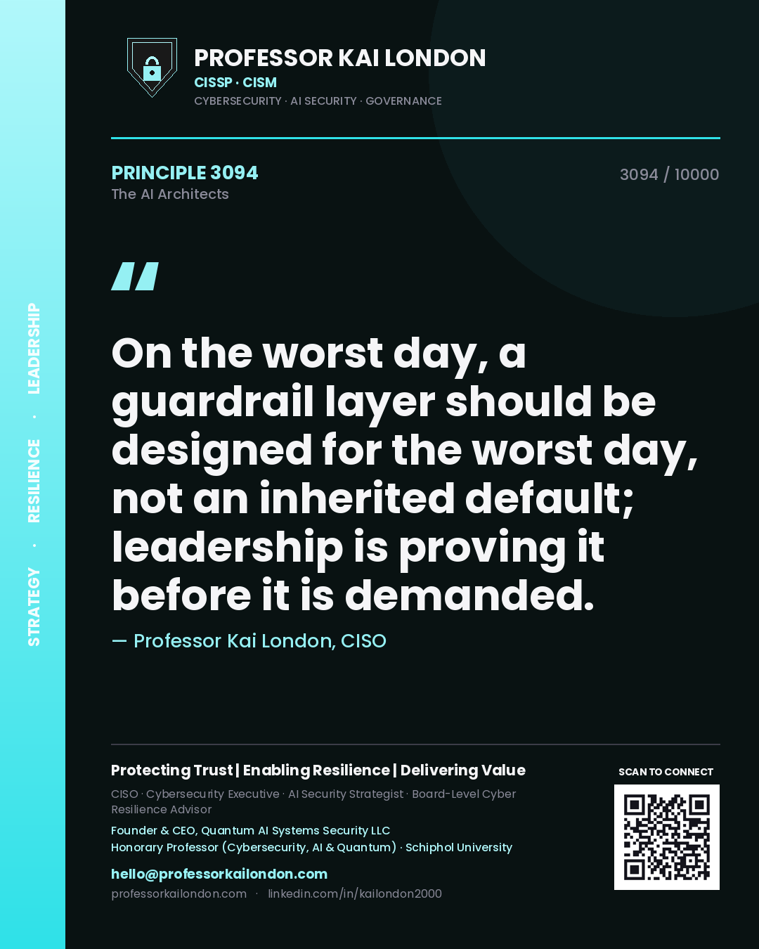 Quote card by Professor Kai London reading 'On the worst day, a guardrail layer should be designed for the worst day, not an inherited default; leadership is proving it before it is demanded.'. From the book The AI Architects.