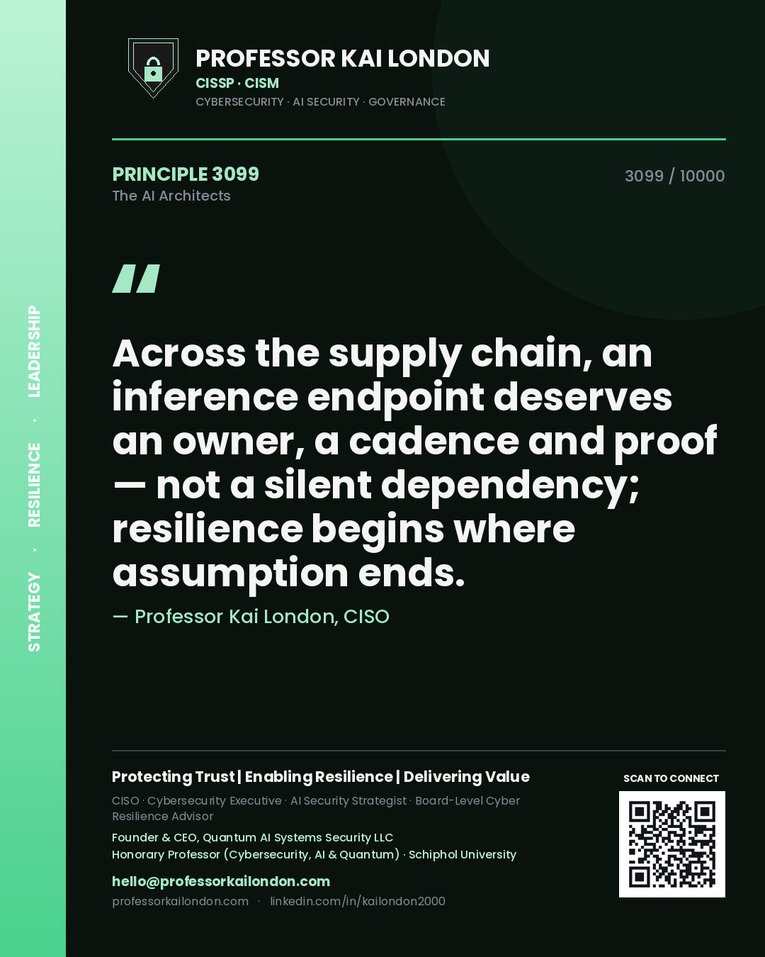 Quote card by Professor Kai London reading 'Across the supply chain, an inference endpoint deserves an owner, a cadence and proof — not a silent dependency; resilience begins where assumption ends.'. From the book The AI Architects.
