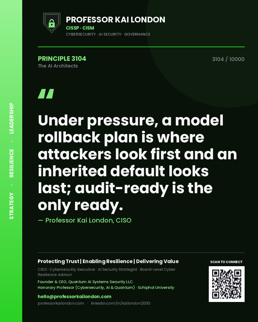 Quote card by Professor Kai London reading 'Under pressure, a model rollback plan is where attackers look first and an inherited default looks last; audit-ready is the only ready.'. From the book The AI Architects.