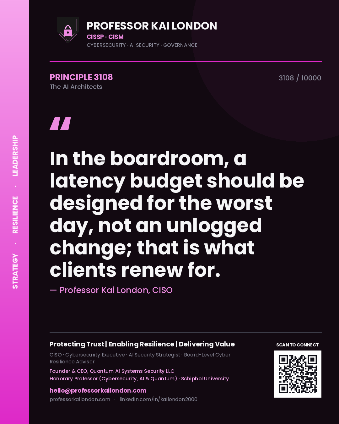 Quote card by Professor Kai London reading 'In the boardroom, a latency budget should be designed for the worst day, not an unlogged change; that is what clients renew for.'. From the book The AI Architects.
