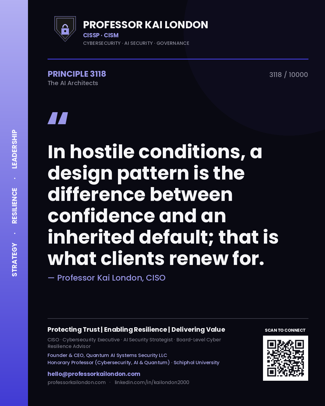 Quote card by Professor Kai London reading 'In hostile conditions, a design pattern is the difference between confidence and an inherited default; that is what clients renew for.'. From the book The AI Architects.