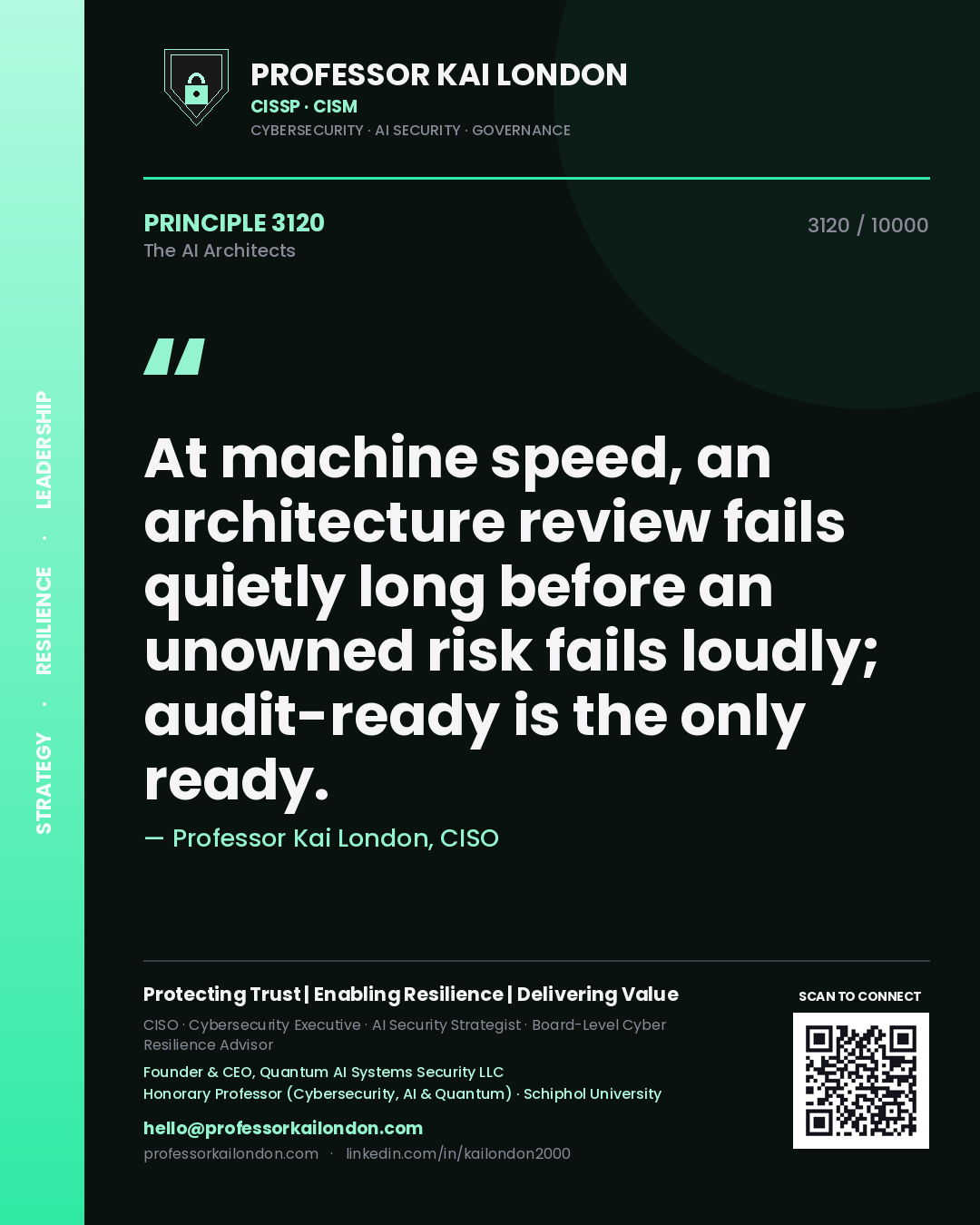 Quote card by Professor Kai London reading 'At machine speed, an architecture review fails quietly long before an unowned risk fails loudly; audit-ready is the only ready.'. From the book The AI Architects.