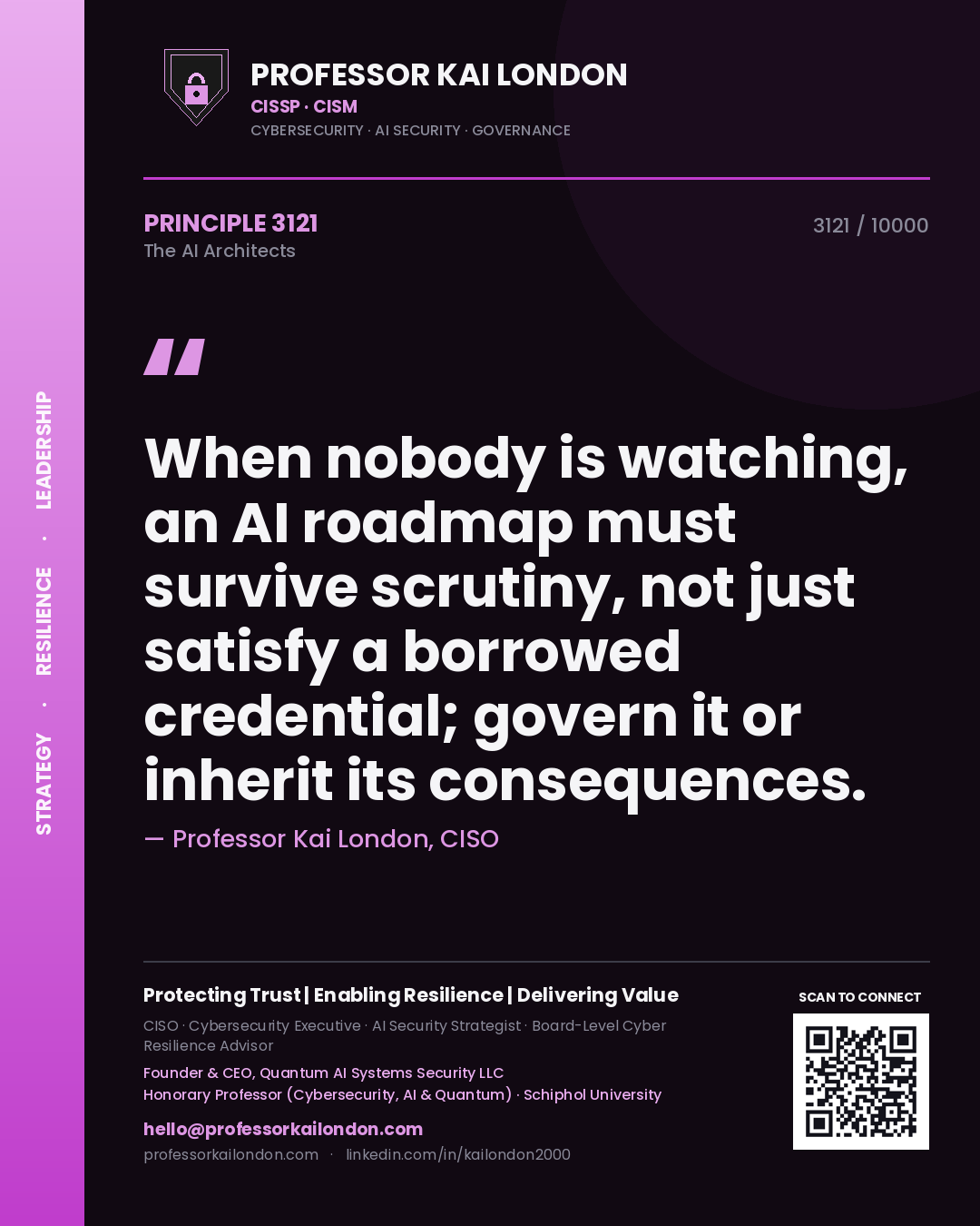 Professor Kai London principle 3121: When nobody is watching, an AI roadmap must survive scrutiny, not just satisfy a borrowed credential; govern it or inherit its consequences.