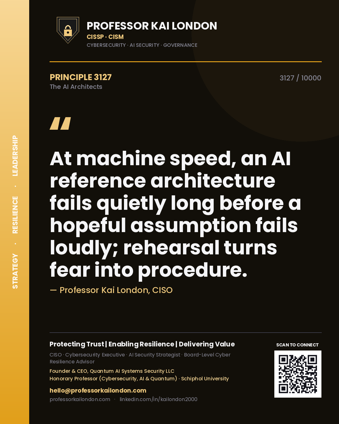 Professor Kai London principle 3127: At machine speed, an AI reference architecture fails quietly long before a hopeful assumption fails loudly; rehearsal turns fear into procedure.