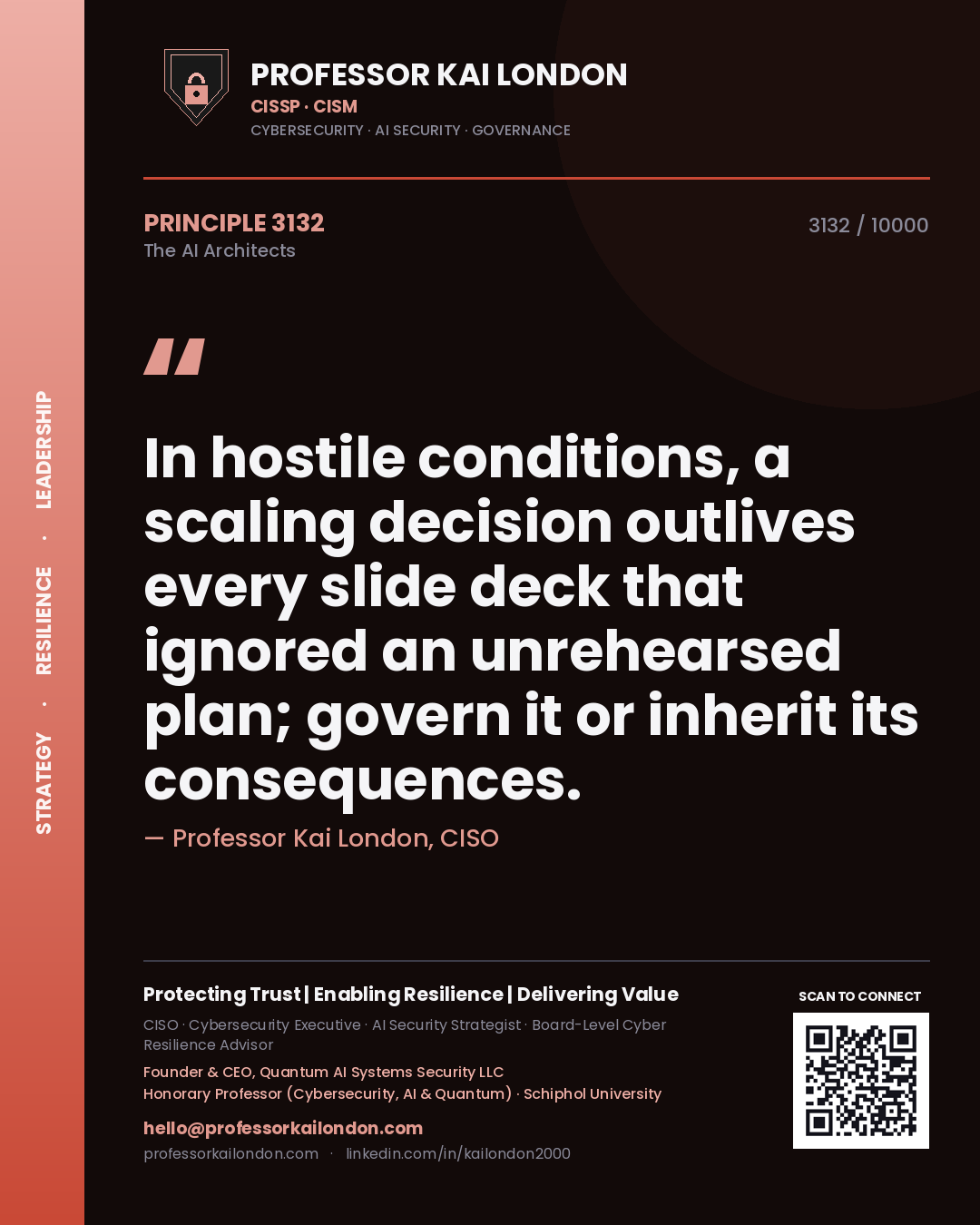 Quote card by Professor Kai London reading 'In hostile conditions, a scaling decision outlives every slide deck that ignored an unrehearsed plan; govern it or inherit its consequences.'. From the book The AI Architects.