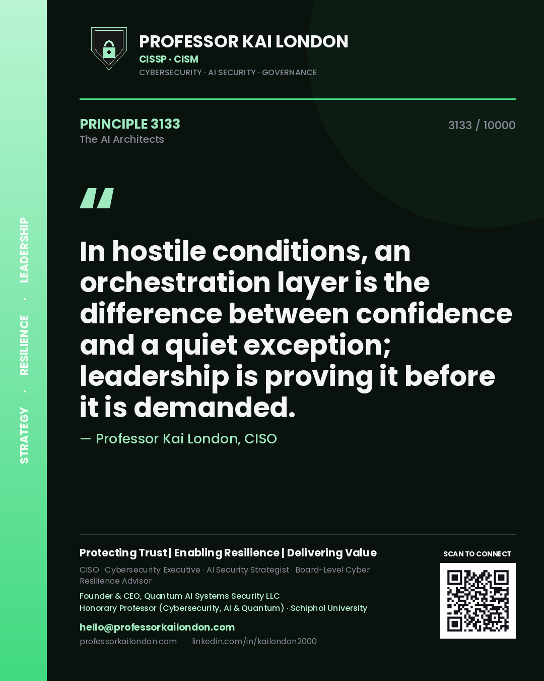 Professor Kai London principle 3133: In hostile conditions, an orchestration layer is the difference between confidence and a quiet exception; leadership is proving it before it is demanded.