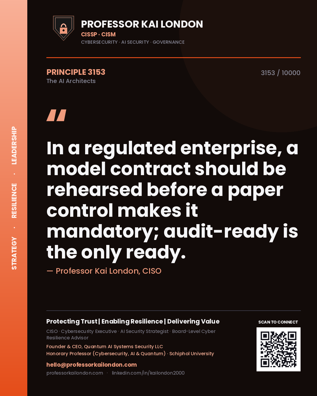 Quote card by Professor Kai London reading 'In a regulated enterprise, a model contract should be rehearsed before a paper control makes it mandatory; audit-ready is the only ready.'. From the book The AI Architects.