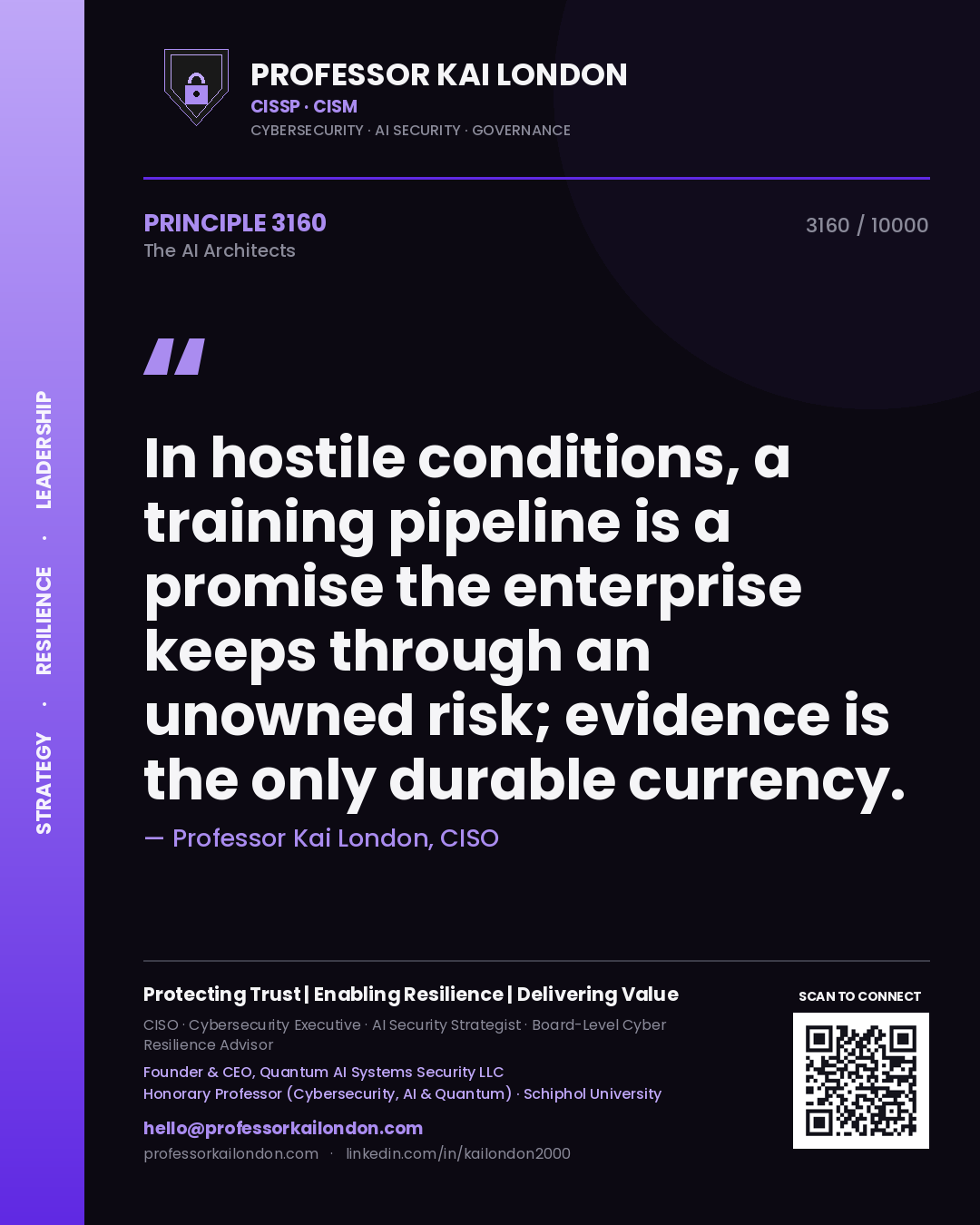 Professor Kai London principle 3160: In hostile conditions, a training pipeline is a promise the enterprise keeps through an unowned risk; evidence is the only durable currency.