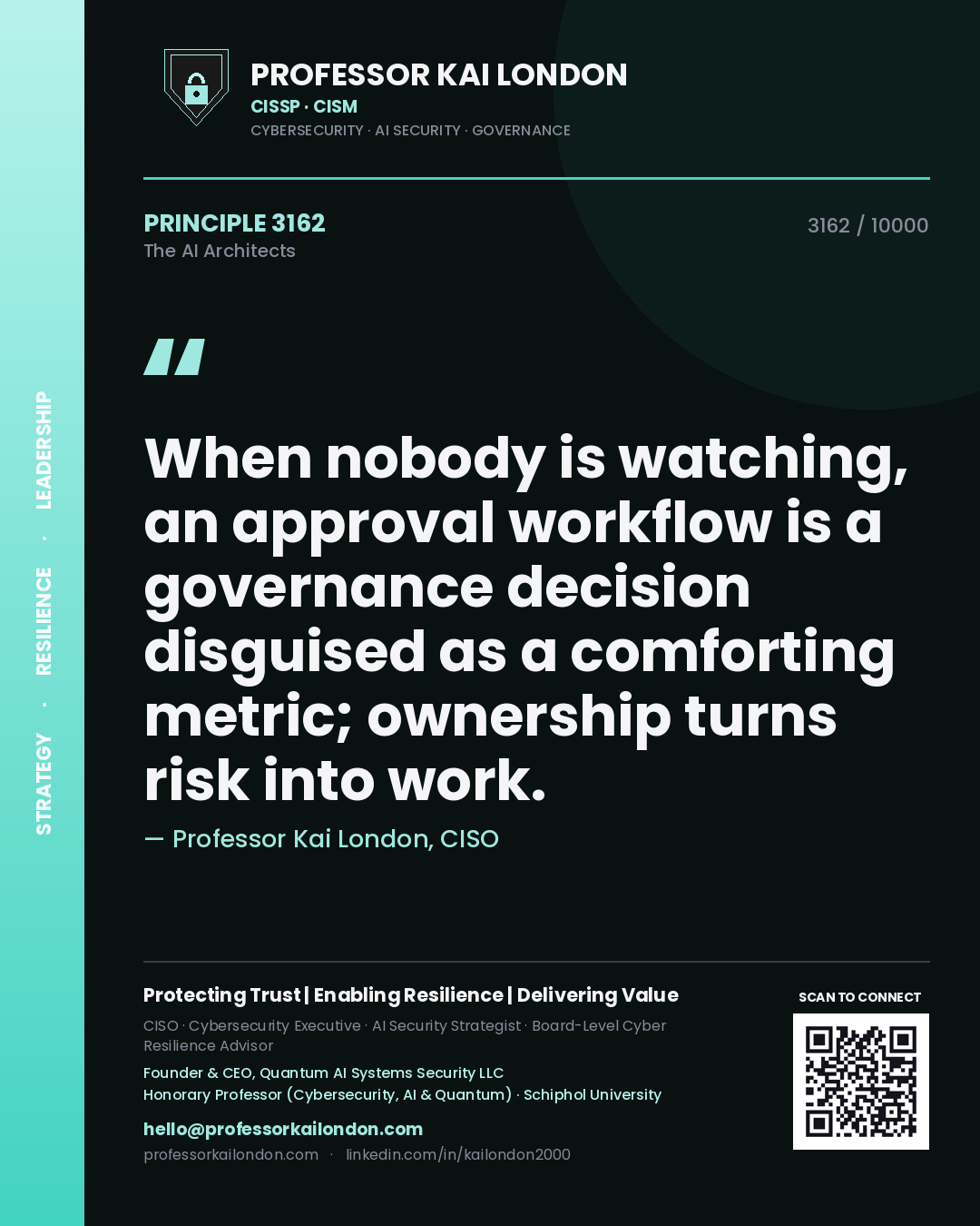 Professor Kai London principle 3162: When nobody is watching, an approval workflow is a governance decision disguised as a comforting metric; ownership turns risk into work.