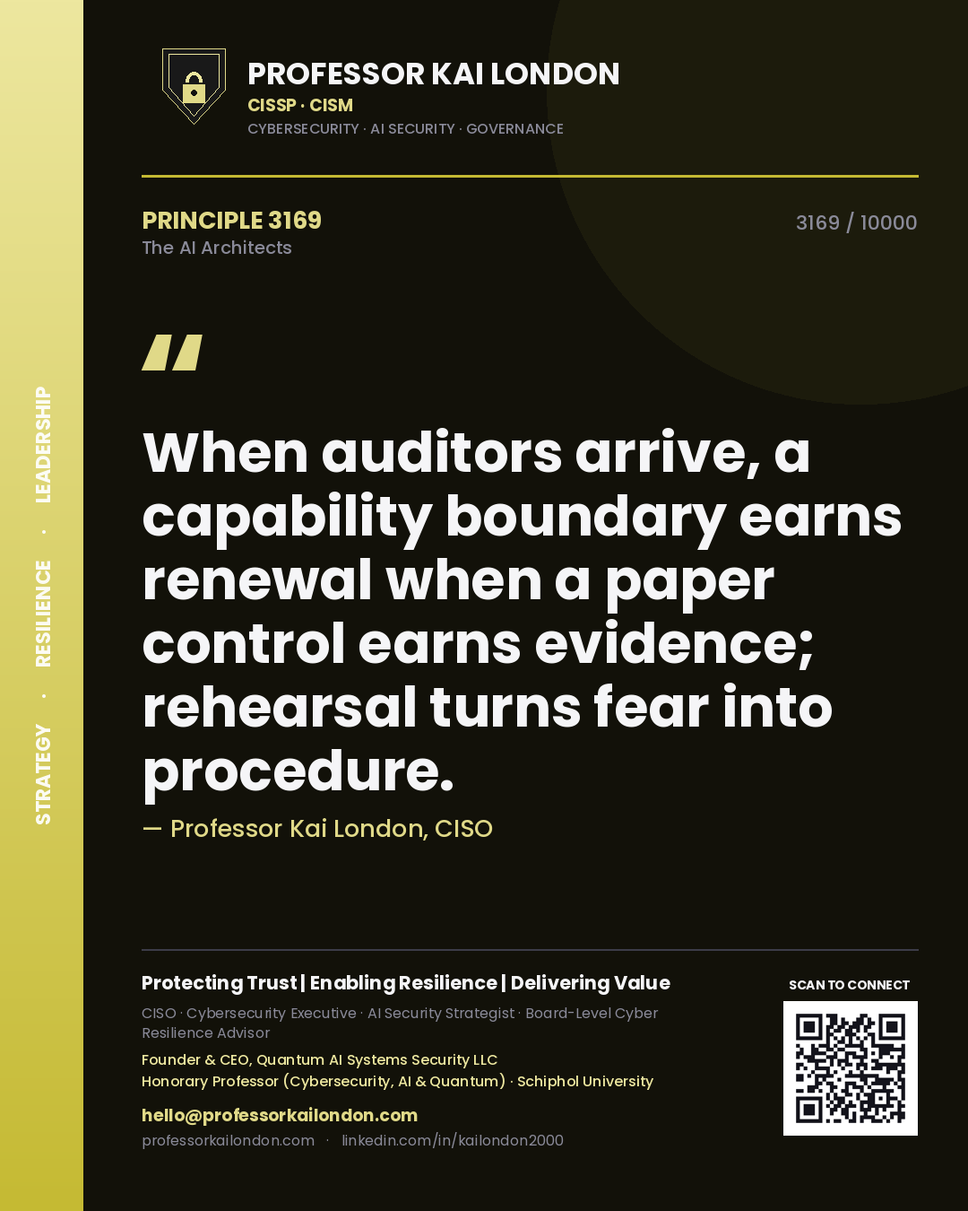 Quote card by Professor Kai London reading 'When auditors arrive, a capability boundary earns renewal when a paper control earns evidence; rehearsal turns fear into procedure.'. From the book The AI Architects.