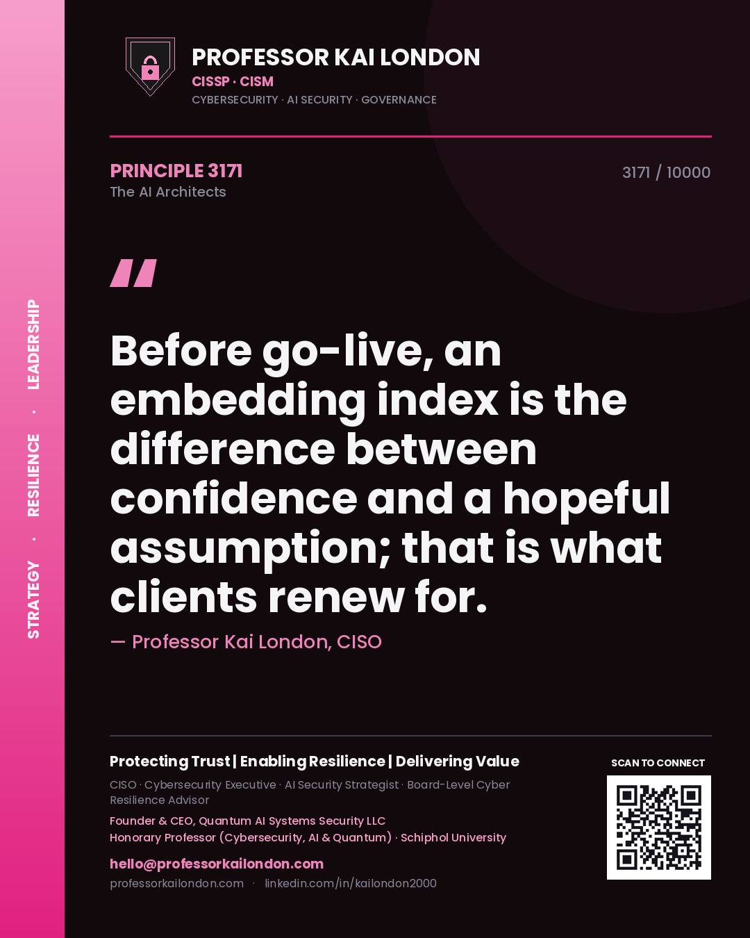 Quote card by Professor Kai London reading 'Before go-live, an embedding index is the difference between confidence and a hopeful assumption; that is what clients renew for.'. From the book The AI Architects.