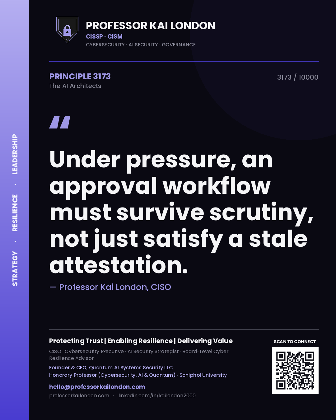 Quote card by Professor Kai London reading 'Under pressure, an approval workflow must survive scrutiny, not just satisfy a stale attestation.'. From the book The AI Architects.