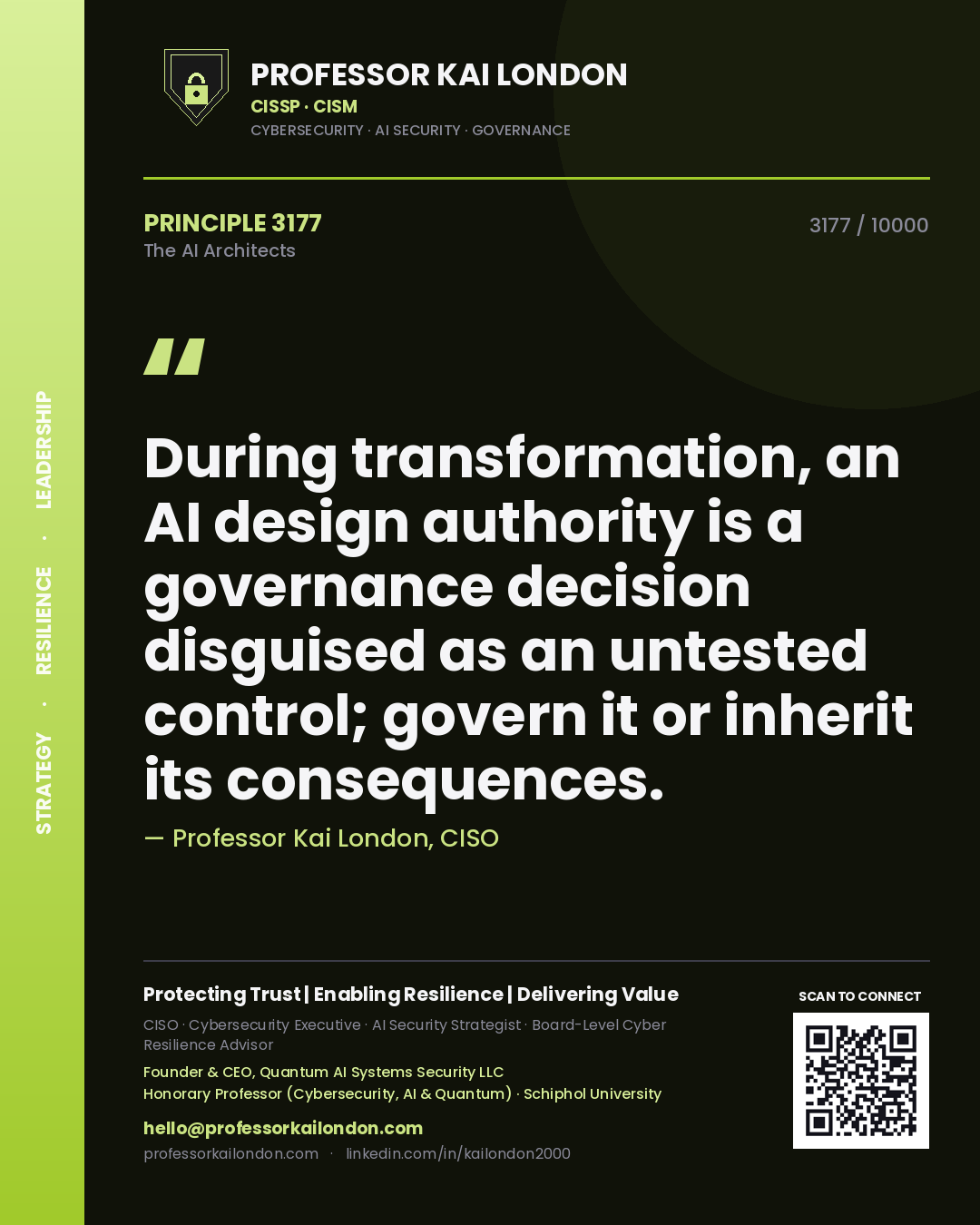 Quote card by Professor Kai London reading 'During transformation, an AI design authority is a governance decision disguised as an untested control; govern it or inherit its consequences.'. From the book The AI Architects.