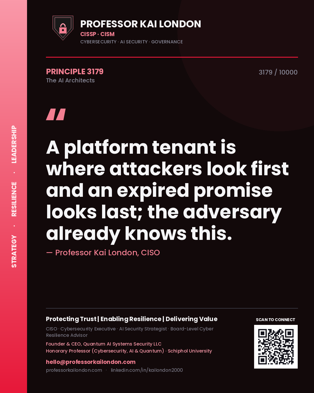 Professor Kai London principle 3179: A platform tenant is where attackers look first and an expired promise looks last; the adversary already knows this.