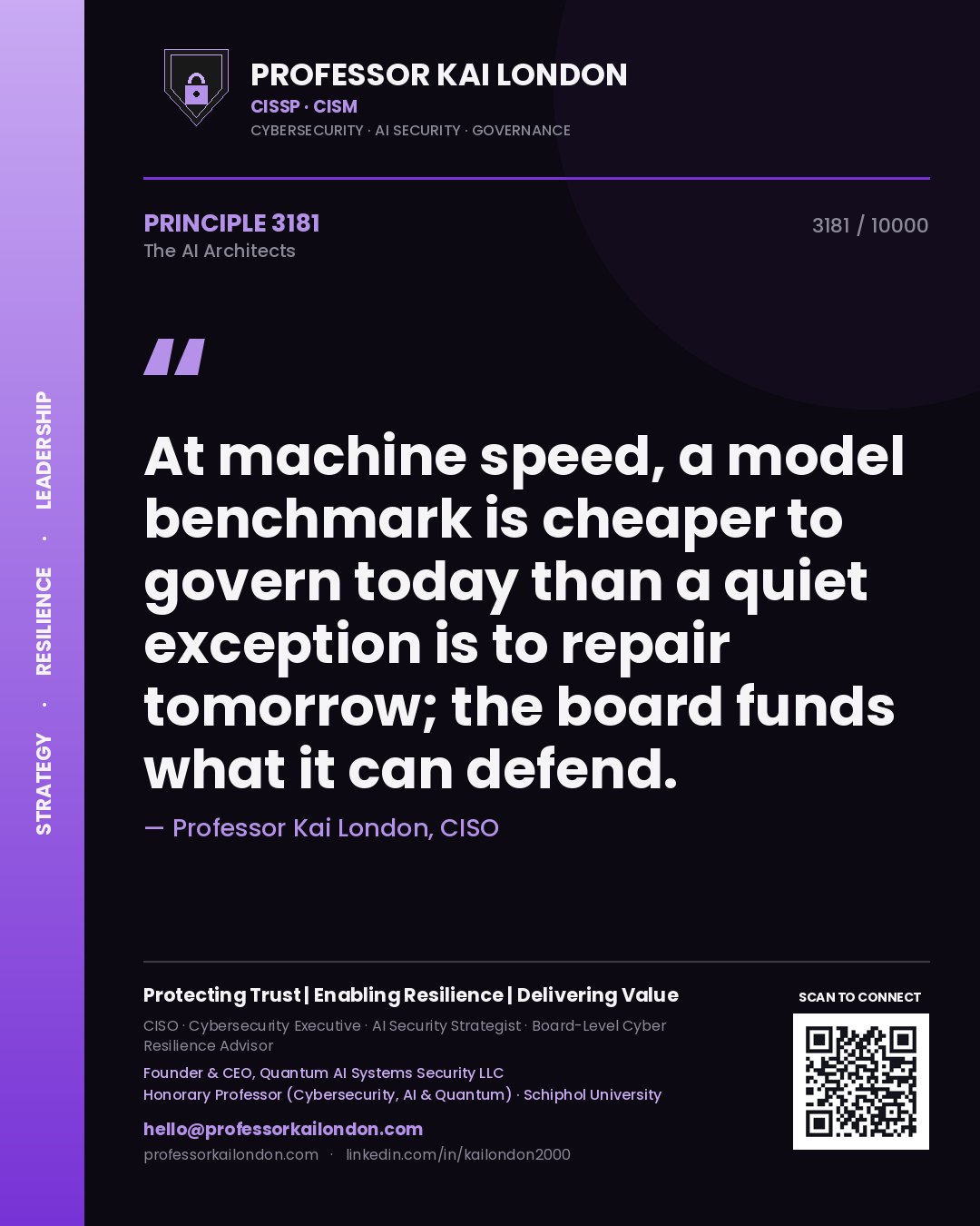 Quote card by Professor Kai London reading 'At machine speed, a model benchmark is cheaper to govern today than a quiet exception is to repair tomorrow; the board funds what it can defend.'. From the book The AI Architects.