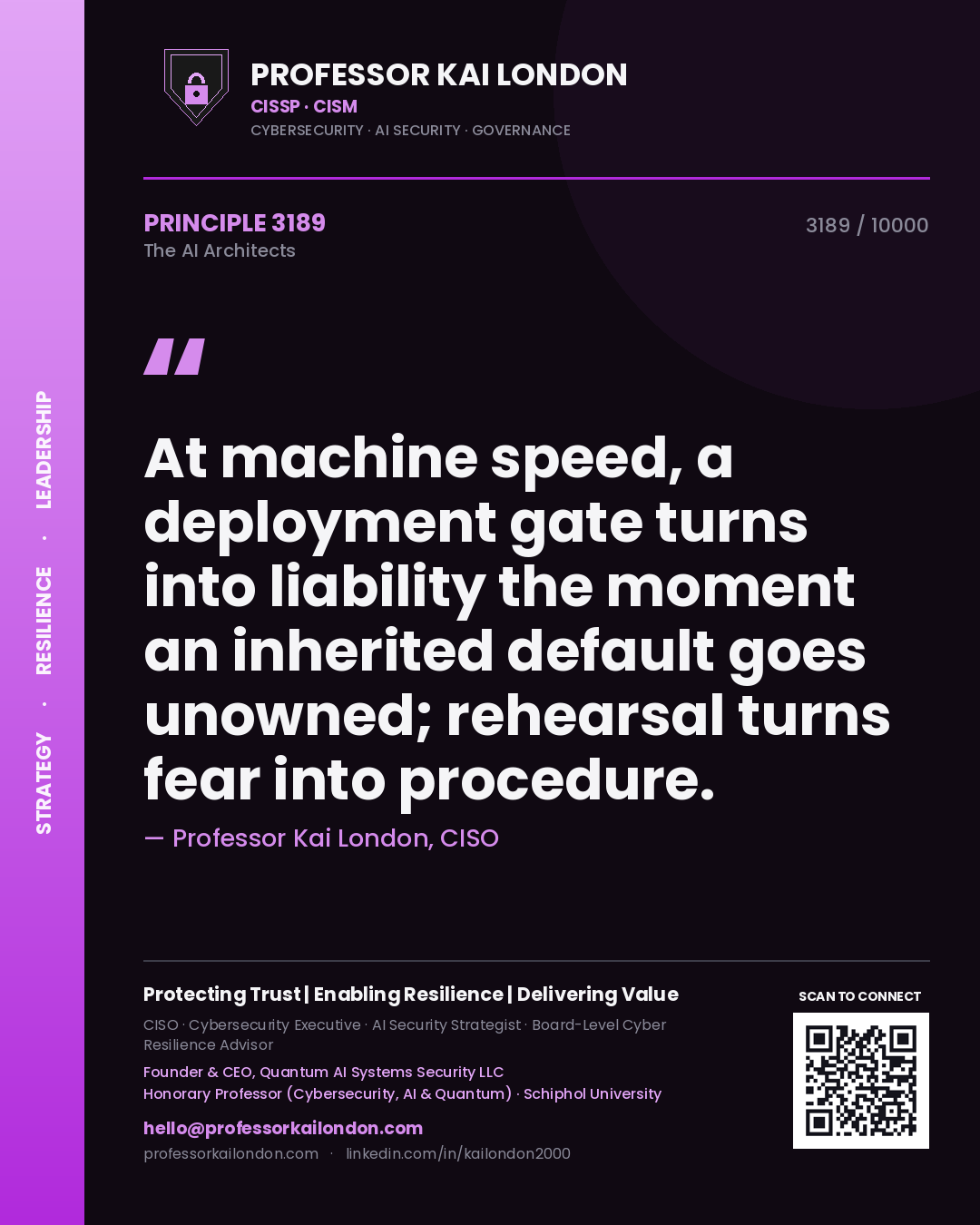 Quote card by Professor Kai London reading 'At machine speed, a deployment gate turns into liability the moment an inherited default goes unowned; rehearsal turns fear into procedure.'. From the book The AI Architects.