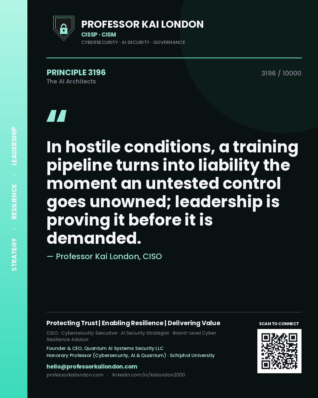 Professor Kai London principle 3196: In hostile conditions, a training pipeline turns into liability the moment an untested control goes unowned; leadership is proving it before it is demanded.