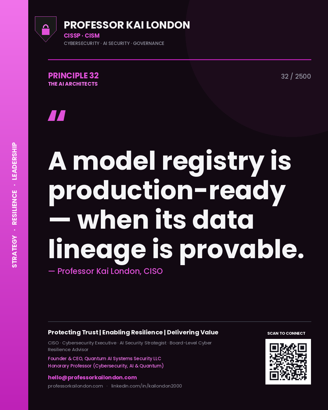 Professor Kai London principle 32: A model registry is production-ready — when its data lineage is provable.