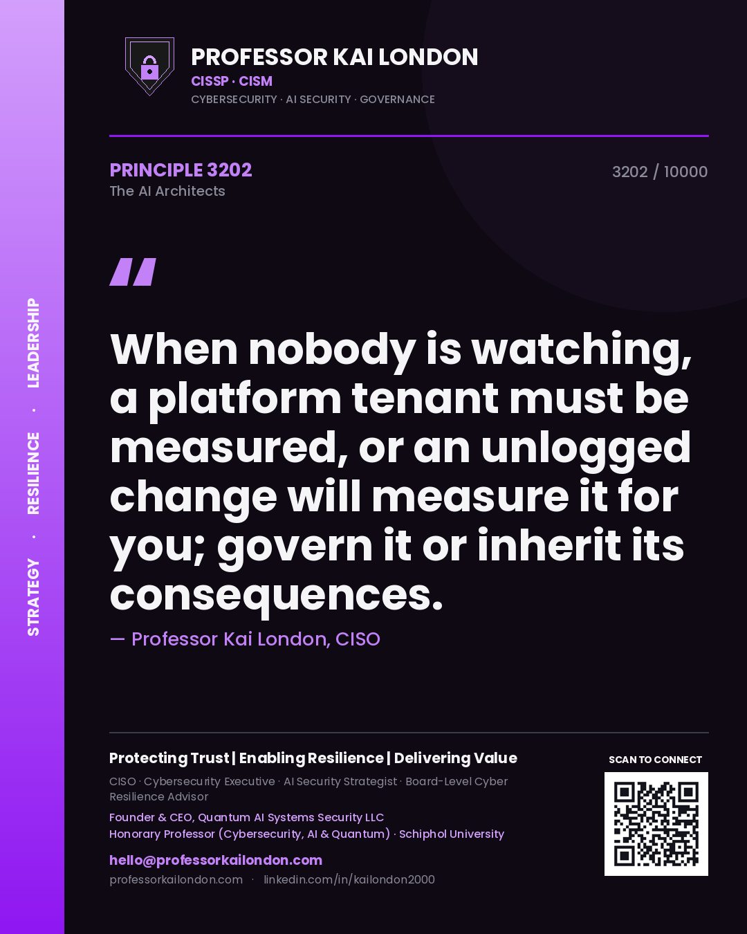 Quote card by Professor Kai London reading 'When nobody is watching, a platform tenant must be measured, or an unlogged change will measure it for you; govern it or inherit its consequences.'. From the book The AI Architects.