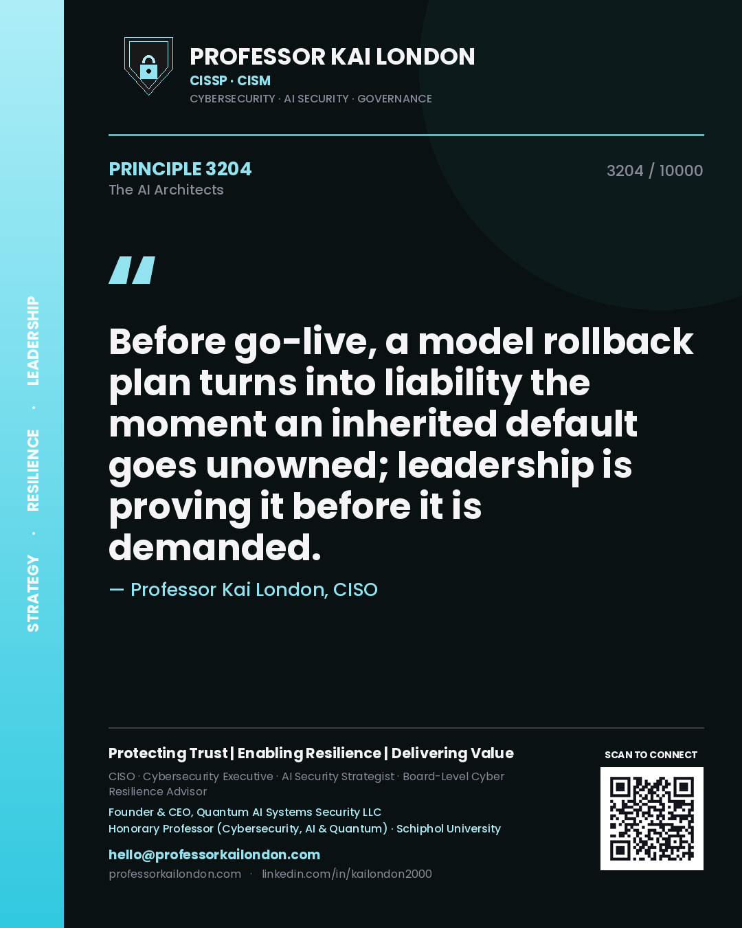Professor Kai London principle 3204: Before go-live, a model rollback plan turns into liability the moment an inherited default goes unowned; leadership is proving it before it is demanded.