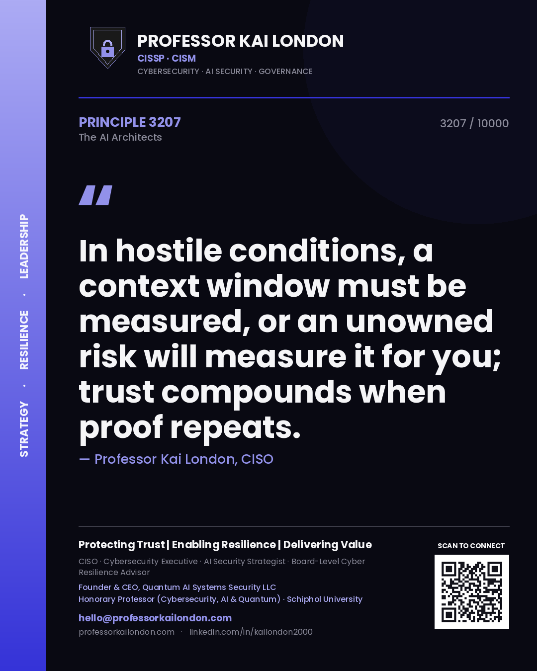 Professor Kai London principle 3207: In hostile conditions, a context window must be measured, or an unowned risk will measure it for you; trust compounds when proof repeats.