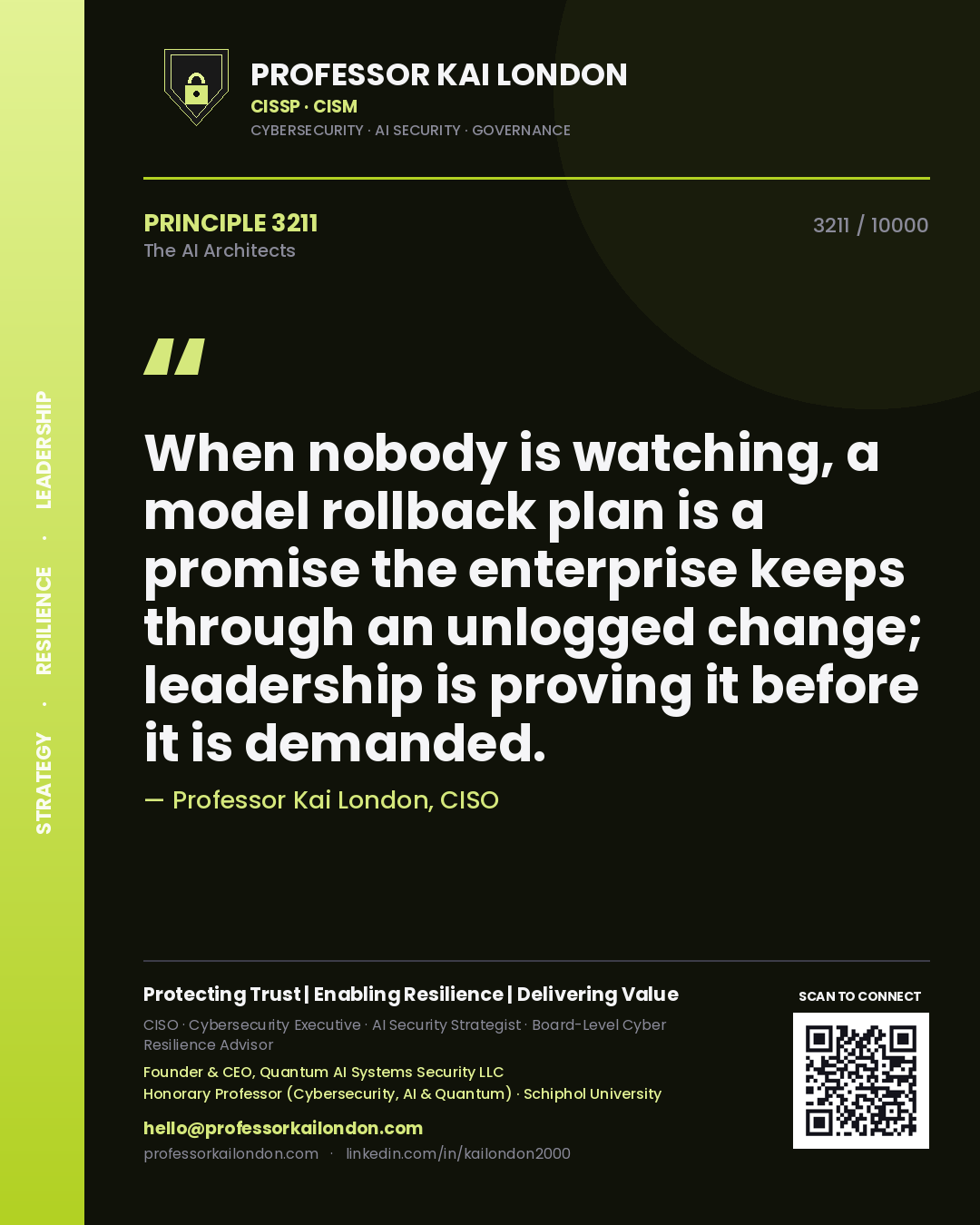 Professor Kai London principle 3211: When nobody is watching, a model rollback plan is a promise the enterprise keeps through an unlogged change; leadership is proving it before it is demanded.