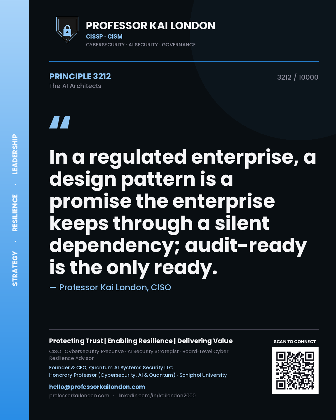 Quote card by Professor Kai London reading 'In a regulated enterprise, a design pattern is a promise the enterprise keeps through a silent dependency; audit-ready is the only ready.'. From the book The AI Architects.