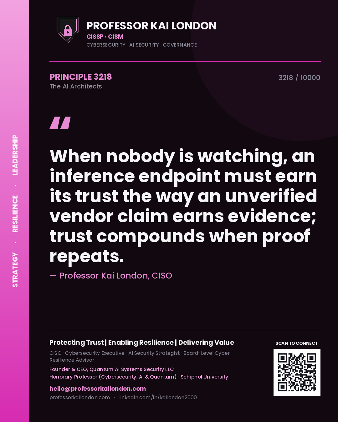 Professor Kai London principle 3218: When nobody is watching, an inference endpoint must earn its trust the way an unverified vendor claim earns evidence; trust compounds when proof repeats.