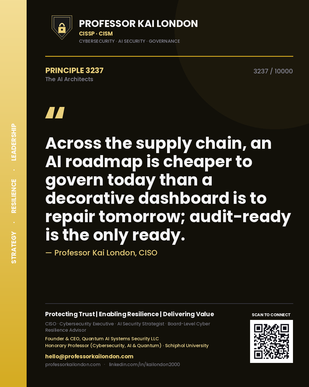 Professor Kai London principle 3237: Across the supply chain, an AI roadmap is cheaper to govern today than a decorative dashboard is to repair tomorrow; audit-ready is the only ready.